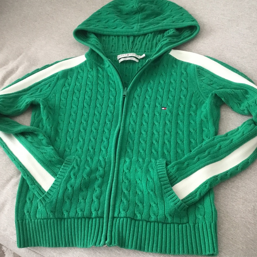 Tommy Hilfiger Vintage Y2K Green Cable Knit Hoodie, with Cream Stripe on Arms